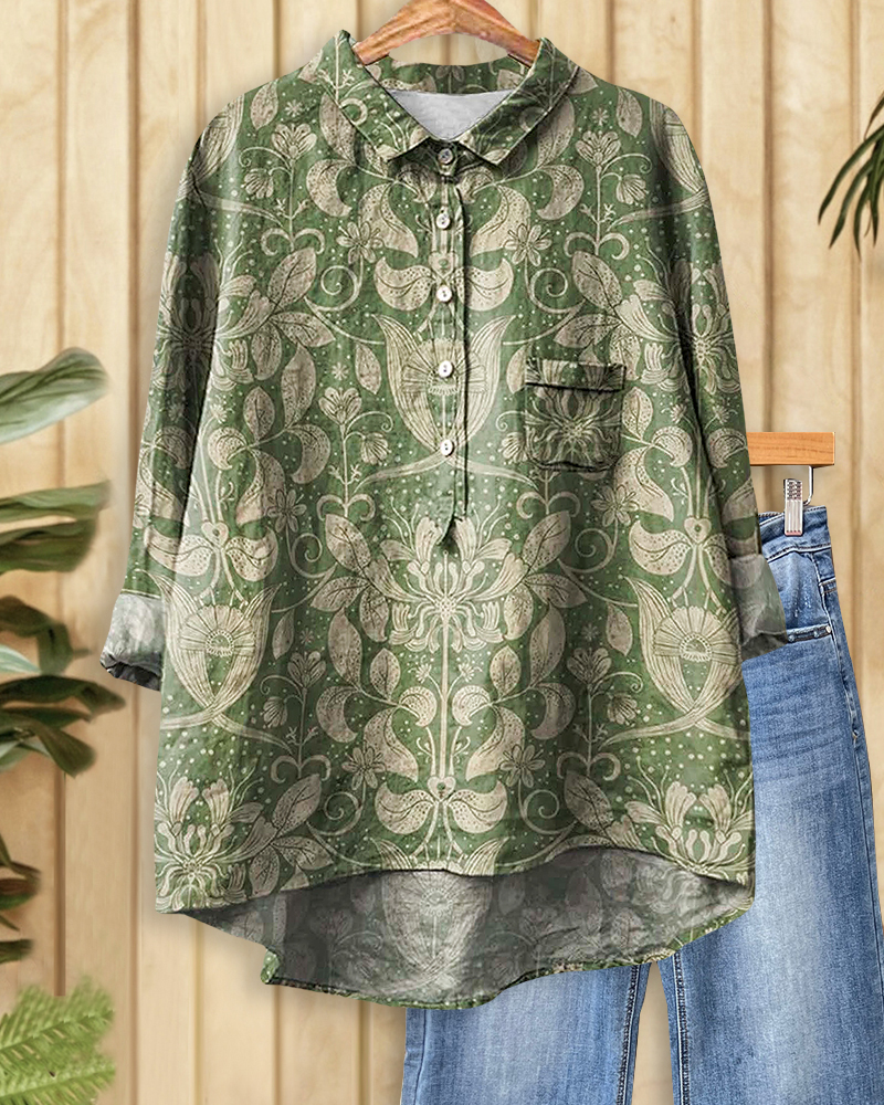 Floral Print Retro Shirt Collar Blouse-S.fashion