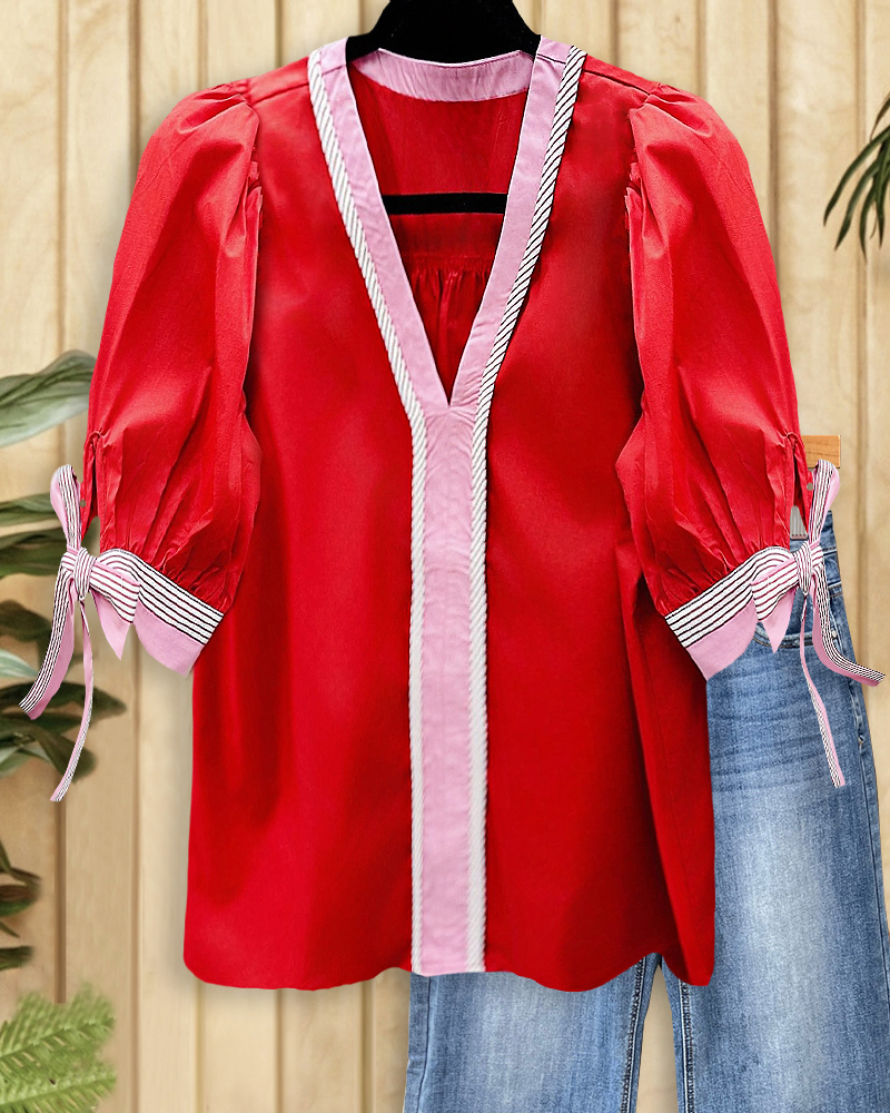 Hit Color Patchwork Tied Sleeve Modern Blouse-S.fashion