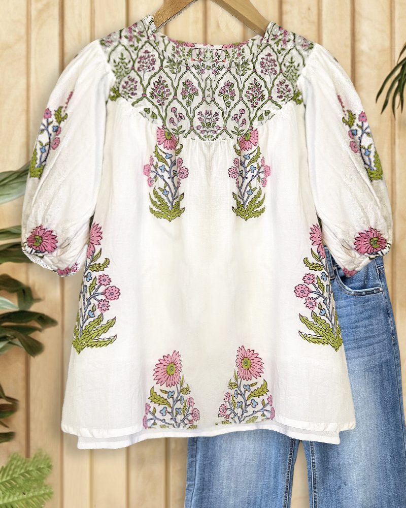 Floral Print Pastoral Round Neck T-Shirt-S.fashion