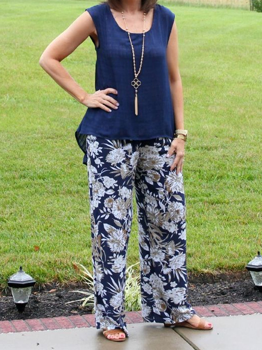 Crew Neck Vest And Printed Pants Two-Piece Set-S.fashion