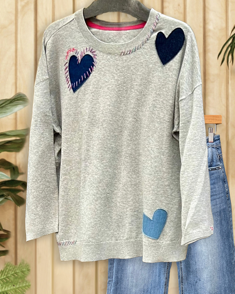 Multiple Heart Applique Casual Round Neck Blouse-S.fashion