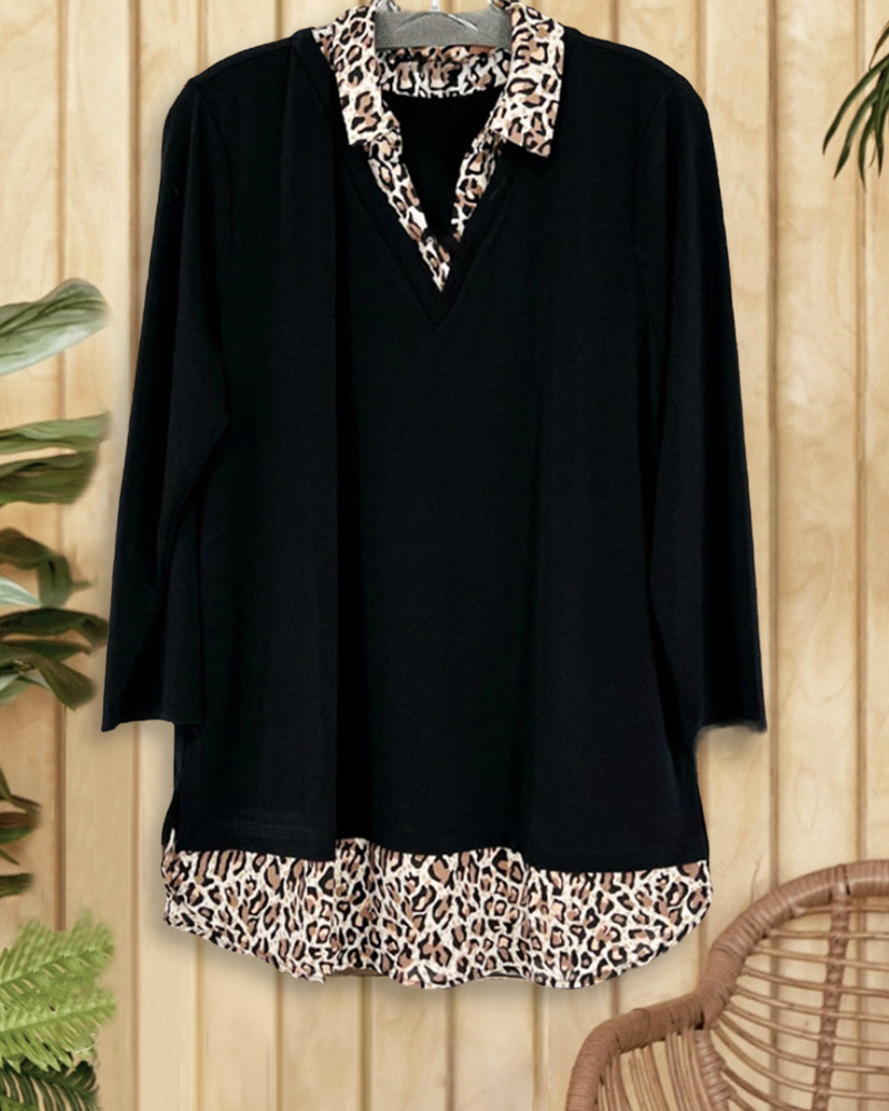 Leopard Print Patchwork Laid Back Polo Neck Shirt-S.fashion