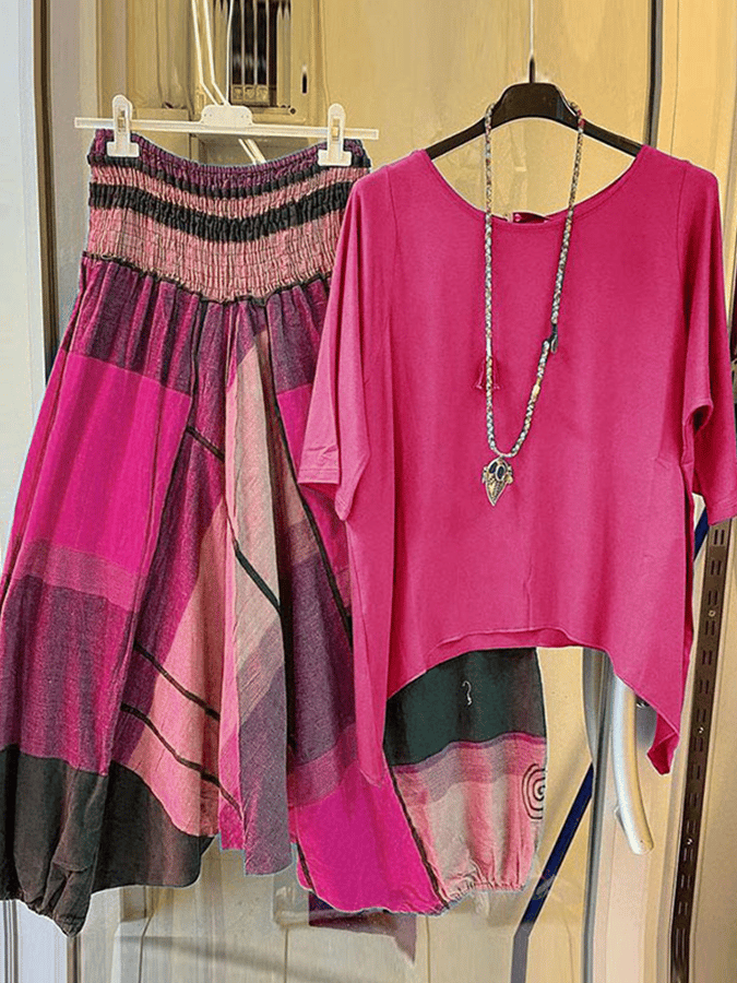 Women's Irregular Stripe Print Top Pants Two Piece Set-S.fashion