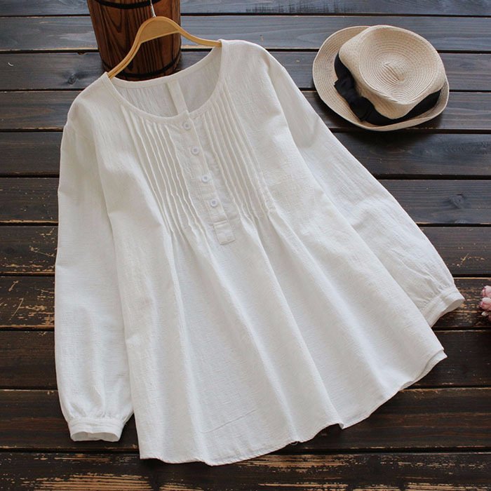 Women's Loose Cotton Linen Long Sleeved Shirt-S.fashion