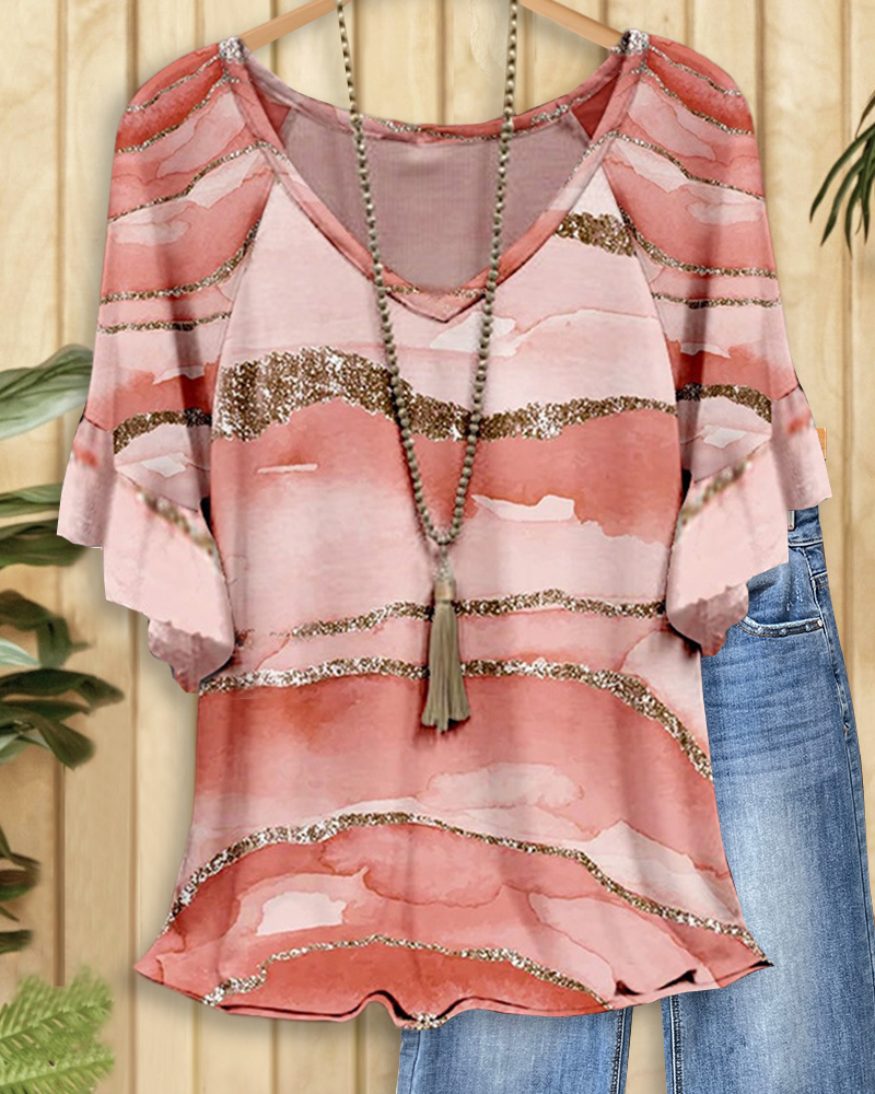 Watercolor Print Patchwork Stylish Raglan Sleeve T-Shirt-S.fashion