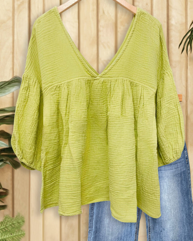 Solid Color V Neck Versatile Babydoll Blouse-S.fashion