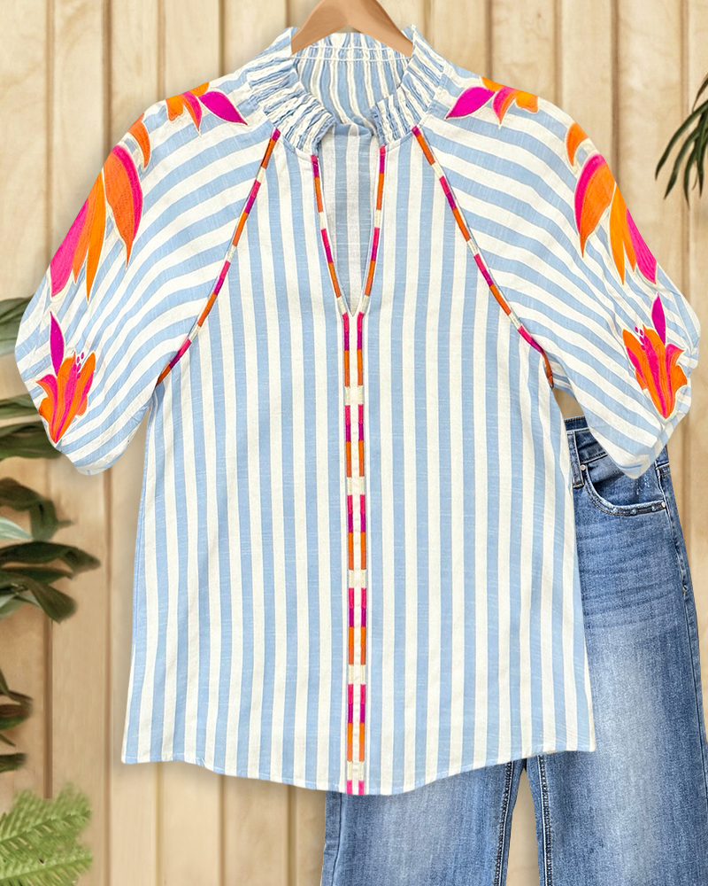 Floral Print Striped Feminine Puff Sleeve T-Shirt-S.fashion