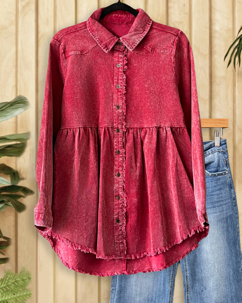 Solid Color Feminine Button Down Frayed Blouse-S.fashion