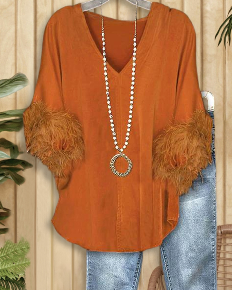 Solid Velvet Feather Design V-Neck Top-S.fashion