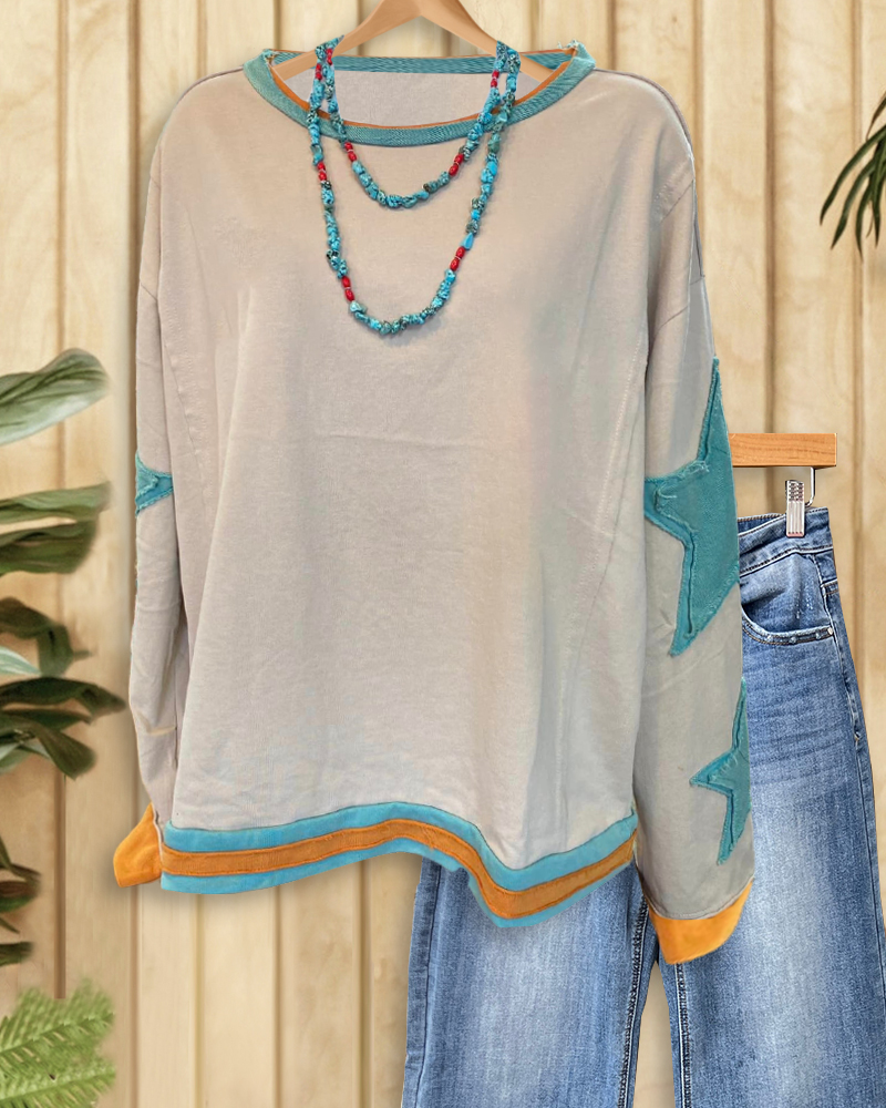 Patchwork Star Applique On-trend Drop Shoulder Sweatshirt-S.fashion