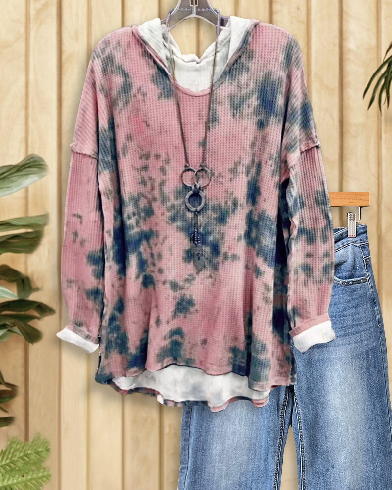 Tie Dye Modern Hooded Waffle Blouse-S.fashion