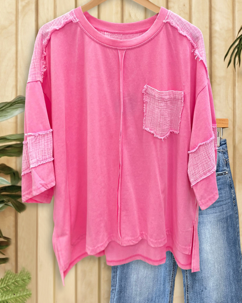 Patchwork Versatile Round Neck Side Slit Blouse-S.fashion