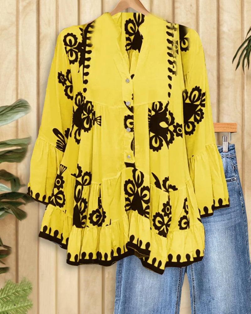Contrasting Tribal Print Classic Tiered Blouse-S.fashion