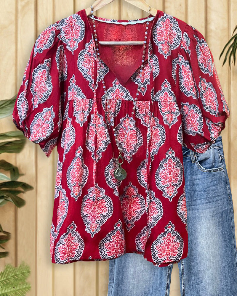 Tribal Print Ethnic Puff Sleeve T-Shirt-S.fashion
