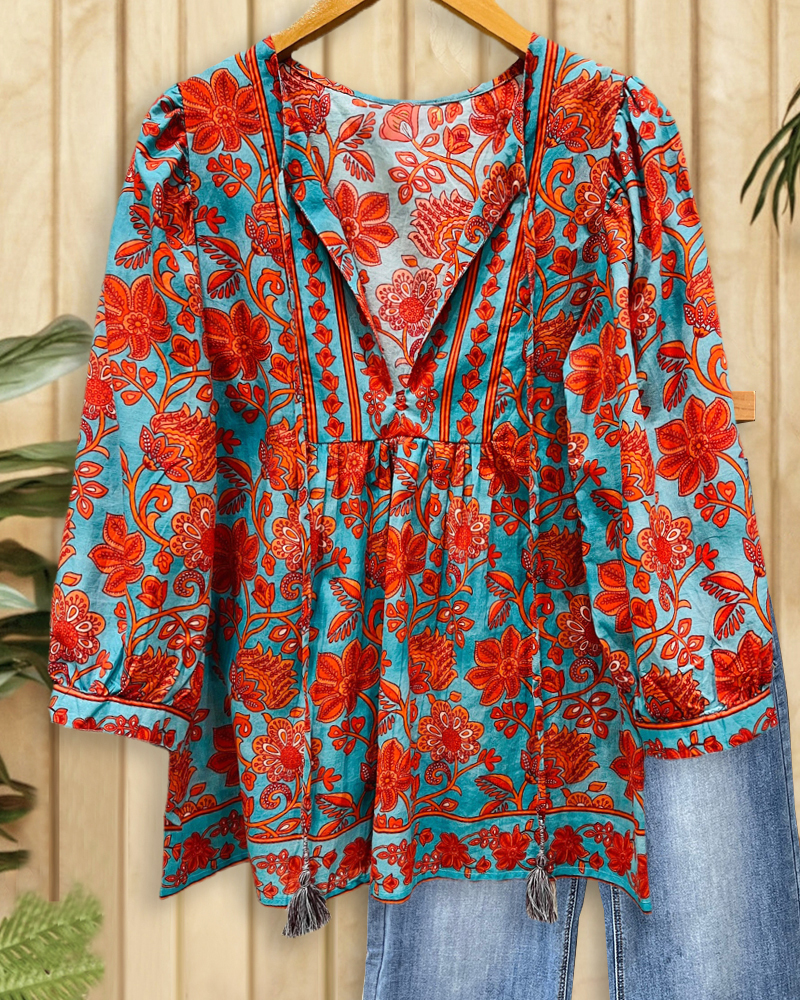 Floral Print Retro Tie Neck Blouse-S.fashion