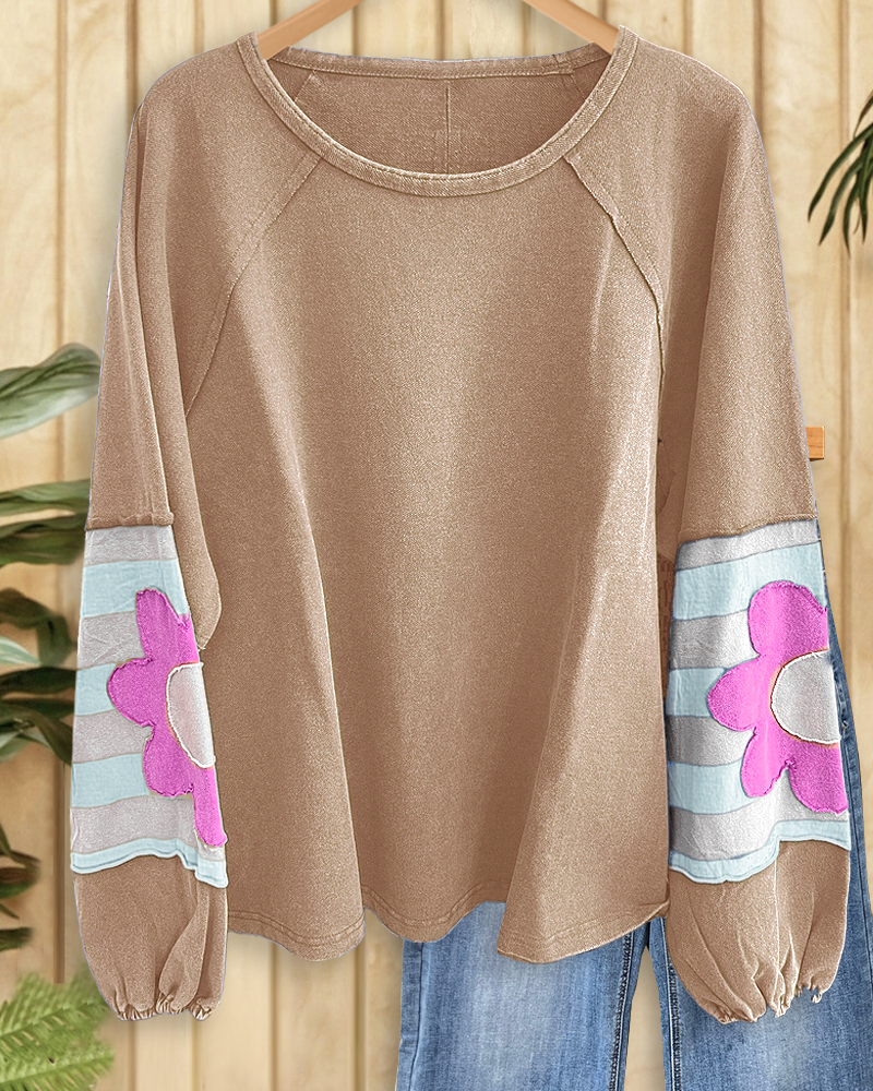 Flower Applique Unique Patchwork Sweatshirt-S.fashion