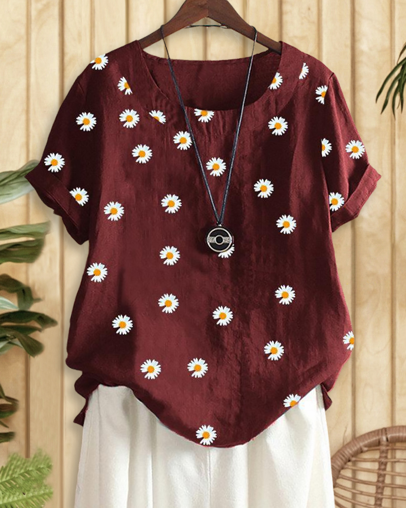 Daisy Print Relaxed Scoop Neck T-Shirt-S.fashion