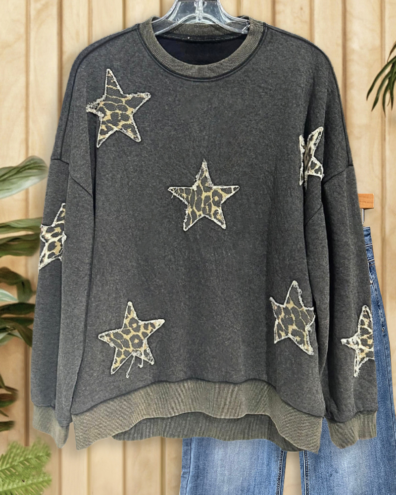 Leopard Print Star Applique Boyish Drop-Shoulder Sweatshirt-S.fashion