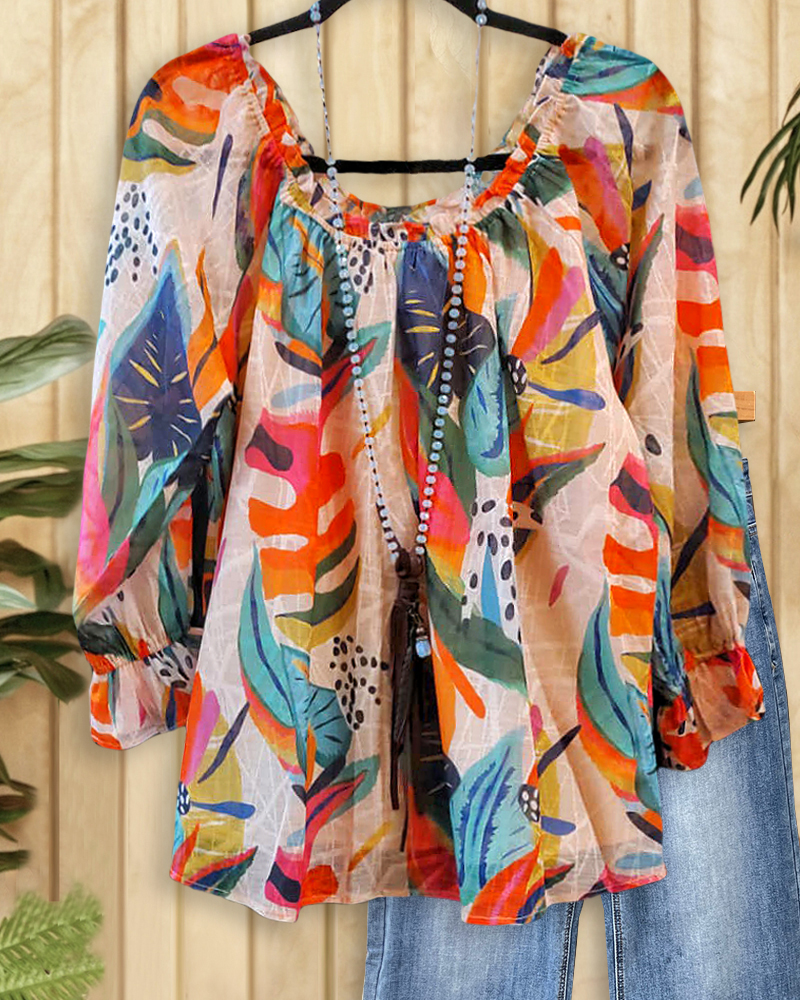 Floral Print Tropical Wide Collar Blouse-S.fashion