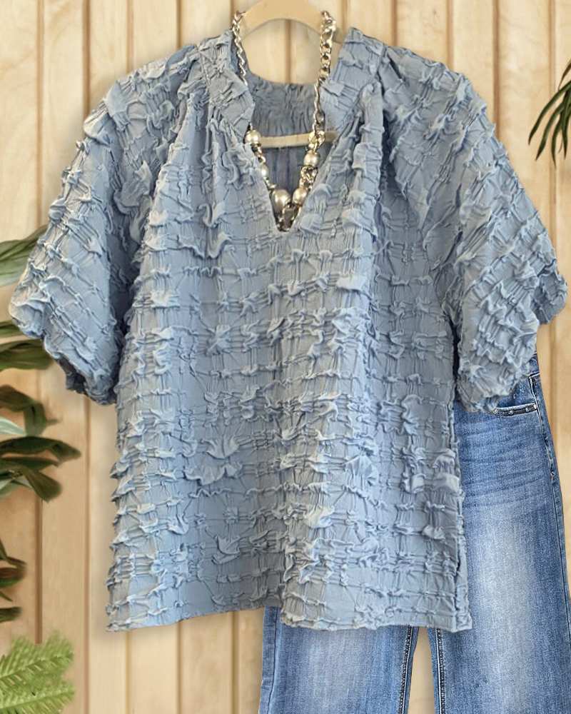 Solid Color Textured Smart V Neck T-Shirt-S.fashion
