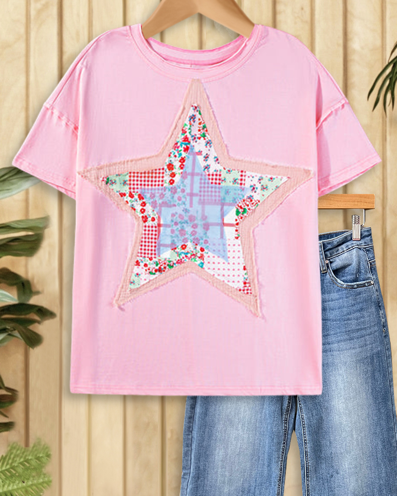 Printed Star Applique Patchwork Laid Back T-Shirt-S.fashion