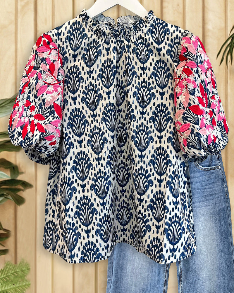 Floral Mixed Print Puff Sleeve Ethnic Ruffled Collar Blouse-S.fashion