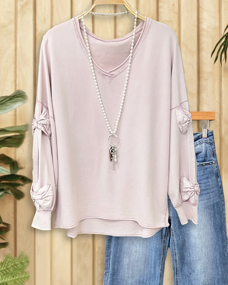 Solid Color Bow Decor Sweet V Neck Sweatshirt-S.fashion