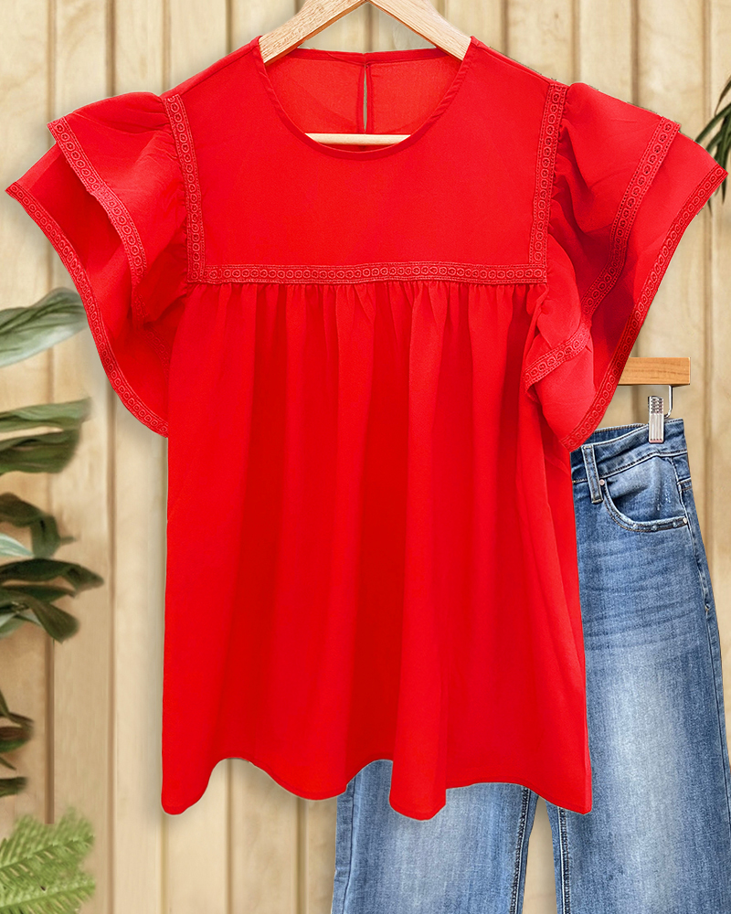 Solid Color Lace Trim Tiered Sleeve Rocking Blouse-S.fashion