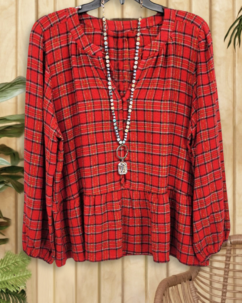 Plaid Retro V Neck Peplum Blouse-S.fashion