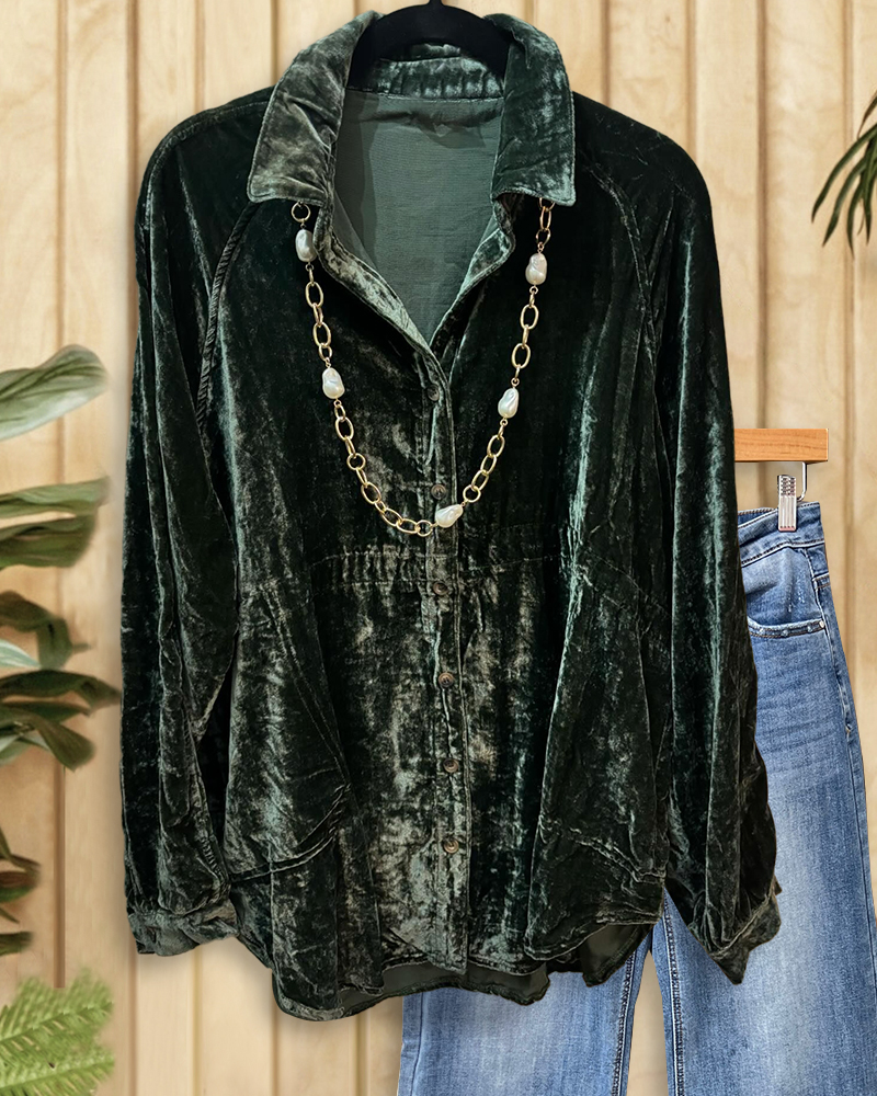Solid Color Velvet Classic Button Down Blouse-S.fashion