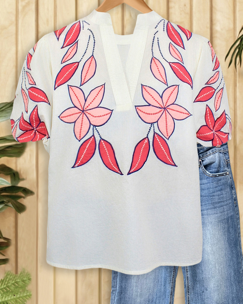 Floral Embroidery Puff Sleeve Feminine V Neck Blouse-S.fashion