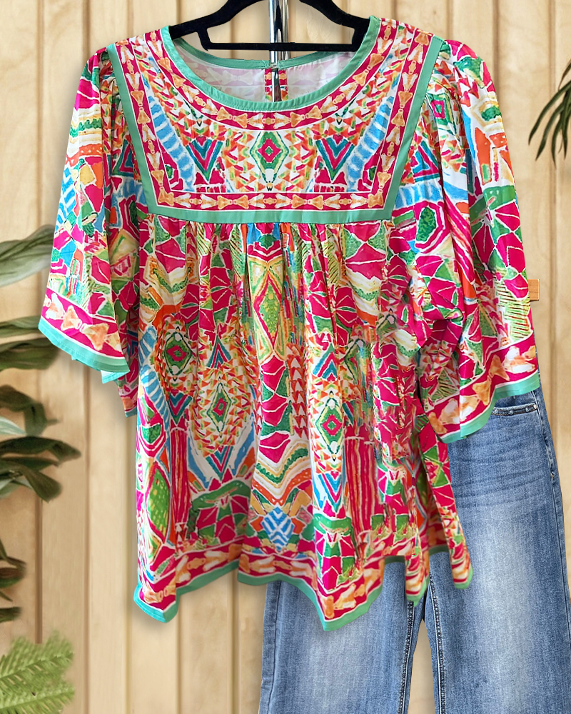 Multicolor Geometric Print Patchwork Retro Blouse-S.fashion