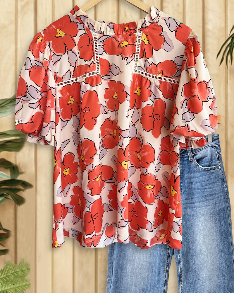 Floral Print Cutout Detail Glamorous Puff Sleeve Blouse-S.fashion