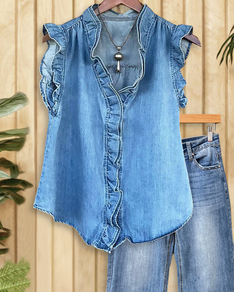 Solid Color Denim Playful Ruffles Patchwork T-Shirt-S.fashion