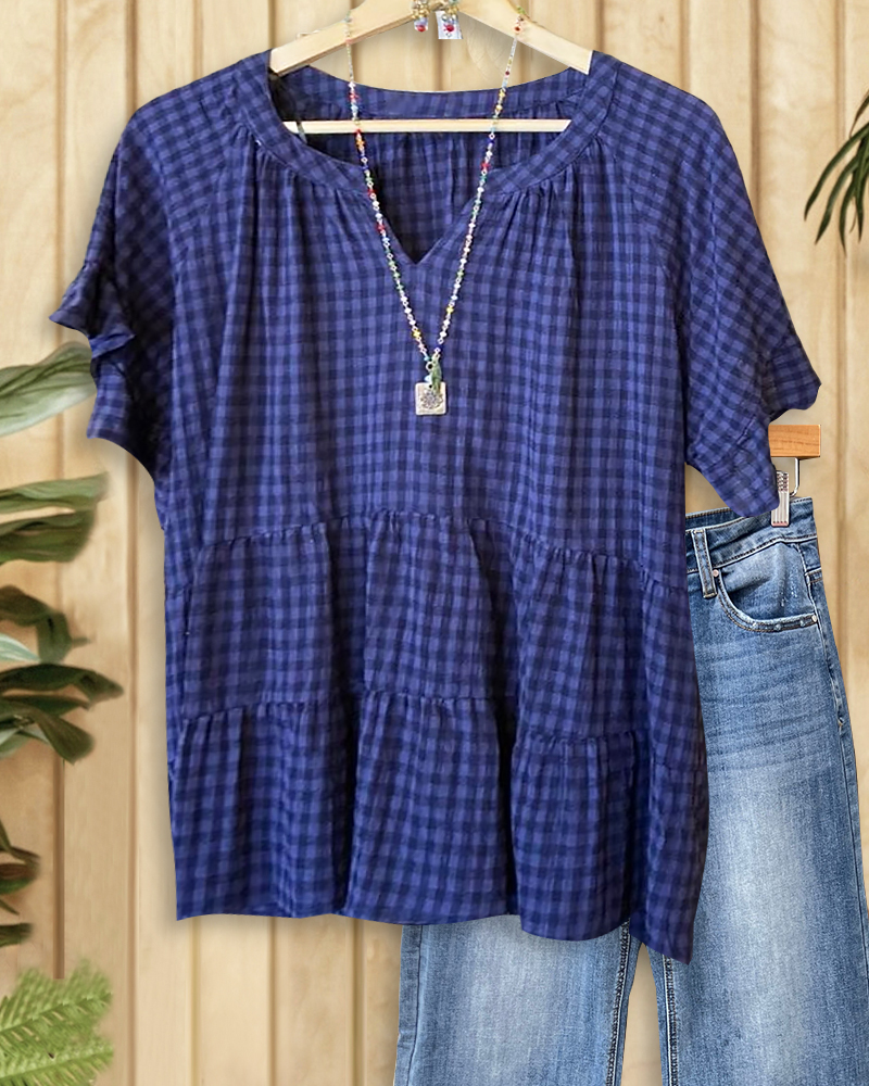Checked Laid Back V Neck Tiered Blouse-S.fashion