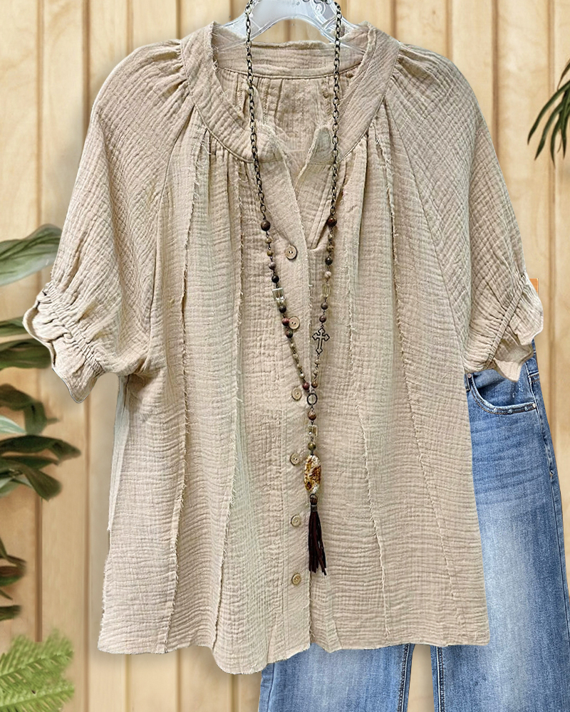 Solid Color Cozy Button Seamed Detail Textured T-Shirt-S.fashion
