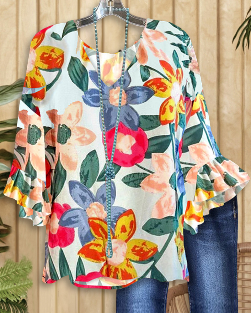 Trendy Floral Print Ruffle Top-S.fashion