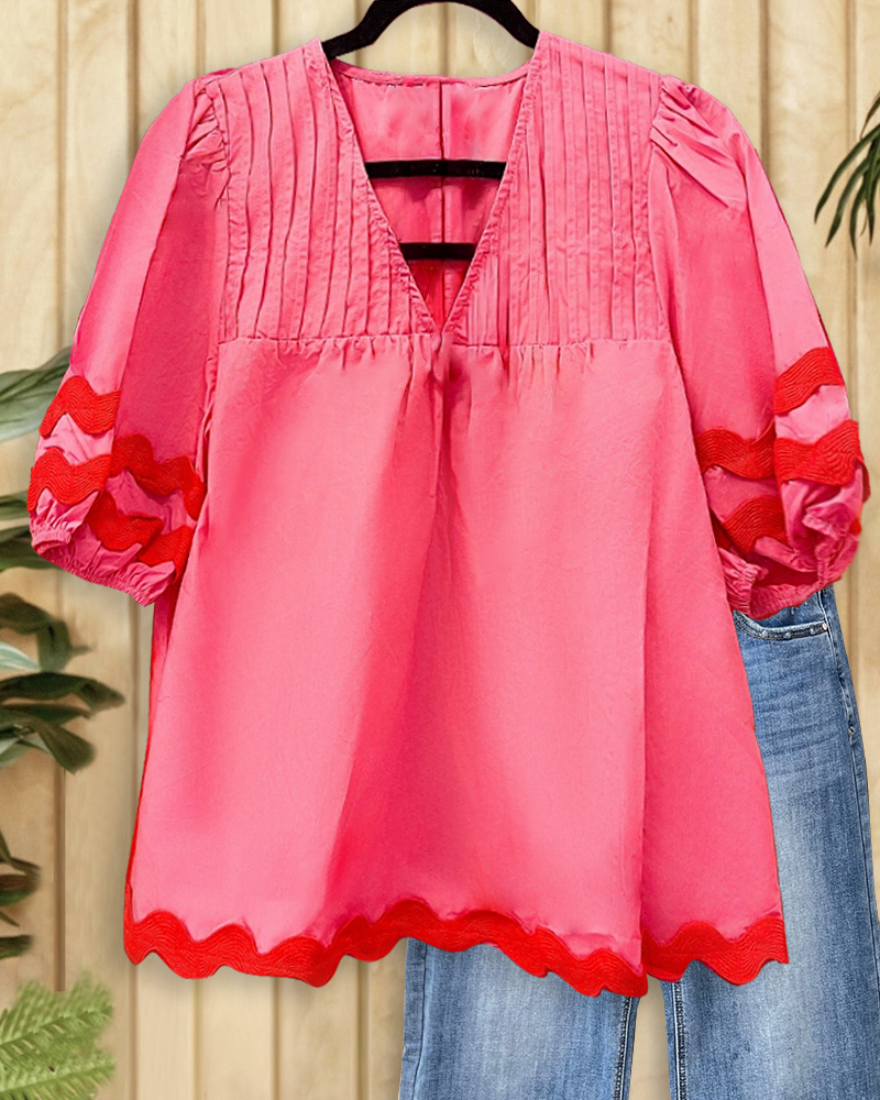 Color Block Patchwork Urban Pleated Detail T-Shirt-S.fashion