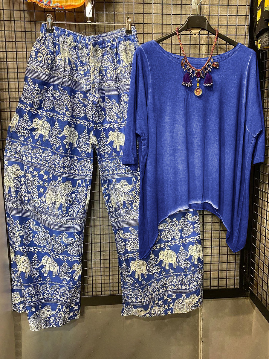 Short Sleeve Casual Top With Printed Pants Two-piece Set-S.fashion