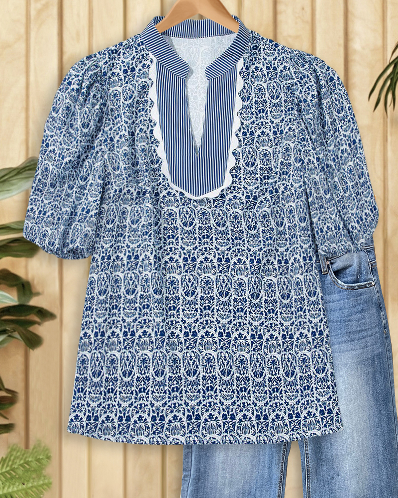 Floral Print Ethnic Scalloped Trim Patchwork V Neck Blouse-S.fashion