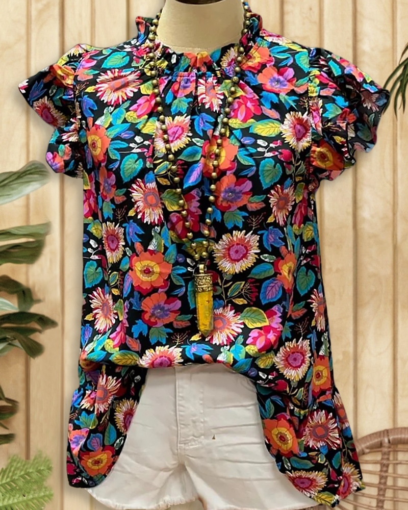 Multicolor Floral Print Pastoral Ruffled T-Shirt-S.fashion