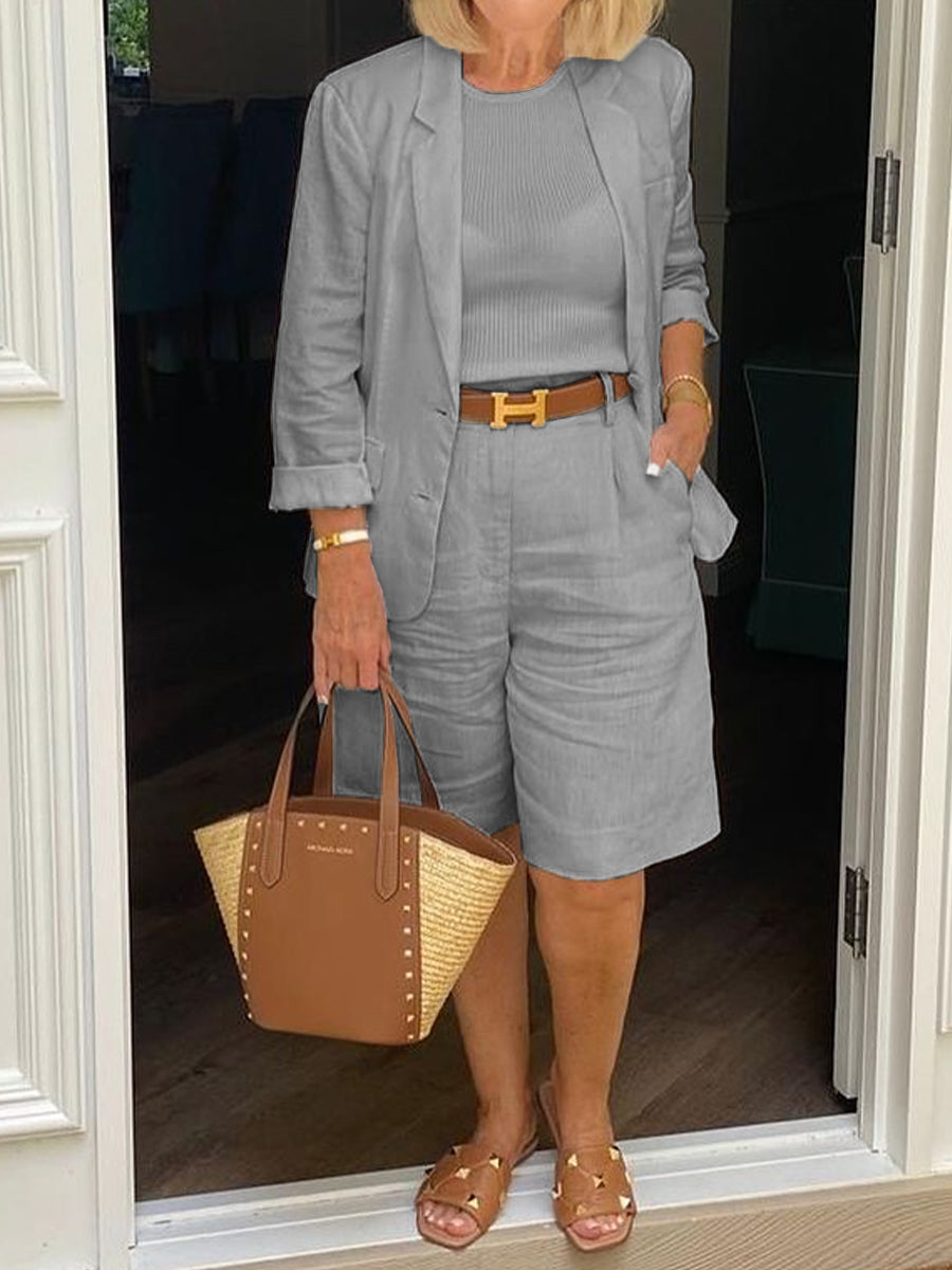 Casual Long Sleeve Coat And Shorts Two-Piece Set-S.fashion