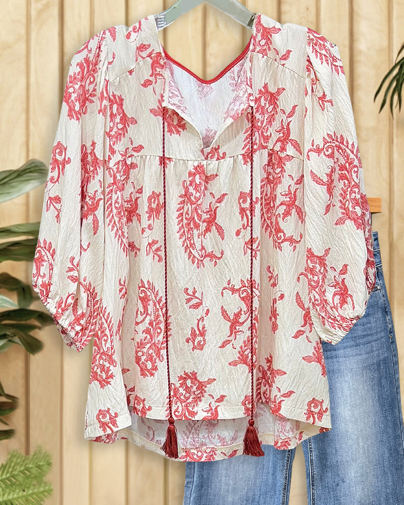 Paisley Print Boho Tie Neck Puff Sleeve Blouse-S.fashion
