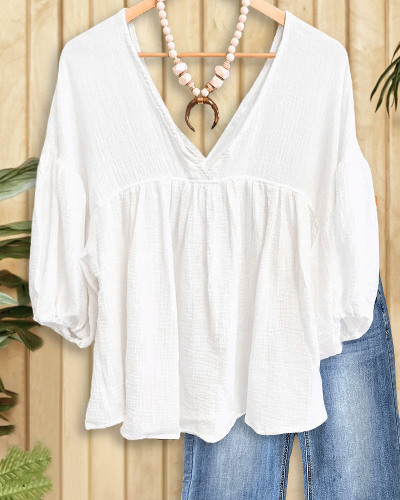 Solid Color Puff Sleeve Cute Babydoll T-Shirt-S.fashion