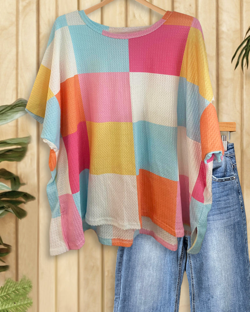 Color Block Waffle Urban Round Neck T-Shirt-S.fashion