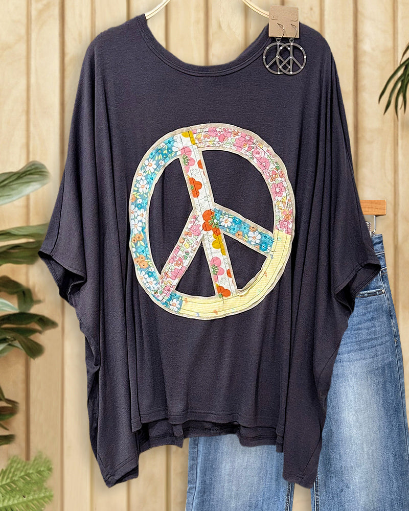 Peace Sign Applique Batwing Sleeve Oversized Shirt-S.fashion