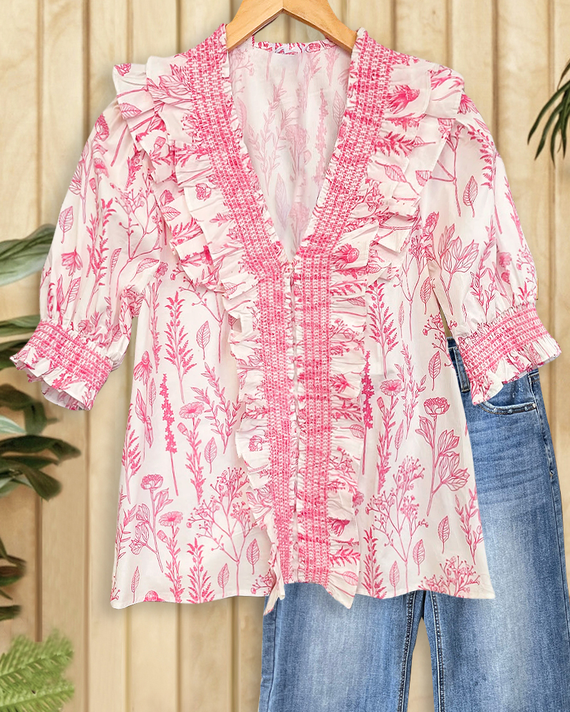 Floral Print Smocked Ruffles Stunning V Neck Blouse-S.fashion