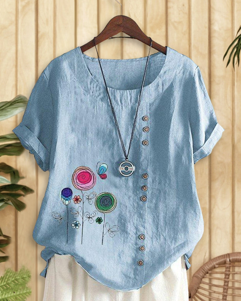Cartoon Floral Print Chic Round Neck Blouse-S.fashion