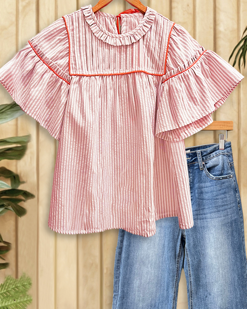 Vertical Striped Pretty Ruffled Trumpet Sleeve Blouse-S.fashion