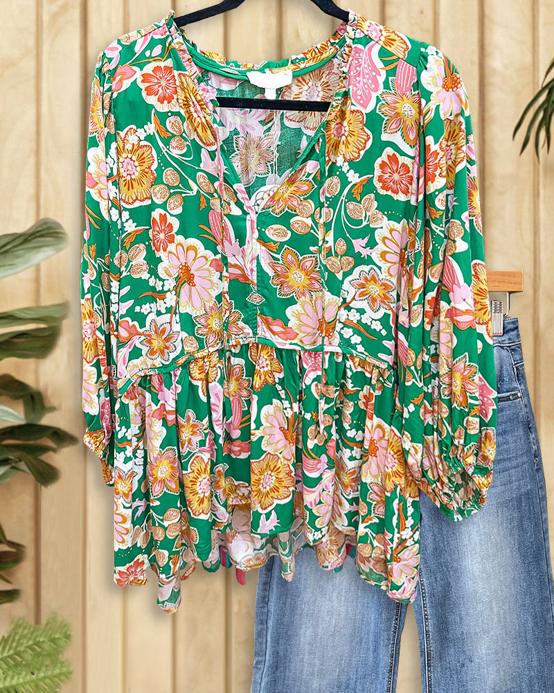 Floral Print Pastoral Tie Neck Peplum Blouse-S.fashion